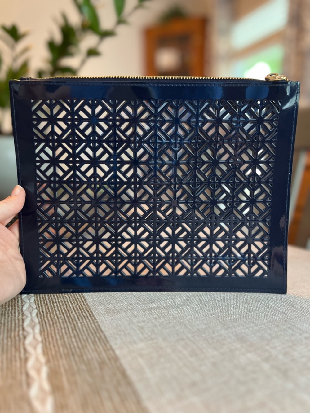 ⭐️Tory Burch Navy Blue Perforated Patent Cosmetic Pouch Clutch